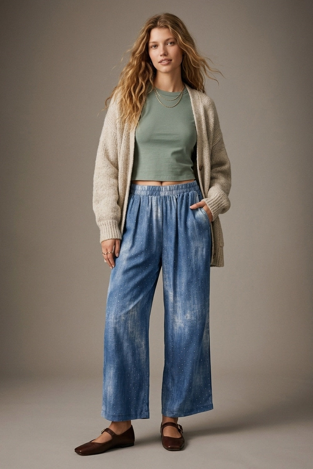 Blue Tie-Dye chiffon Elastic Waist Pants with embellished strass