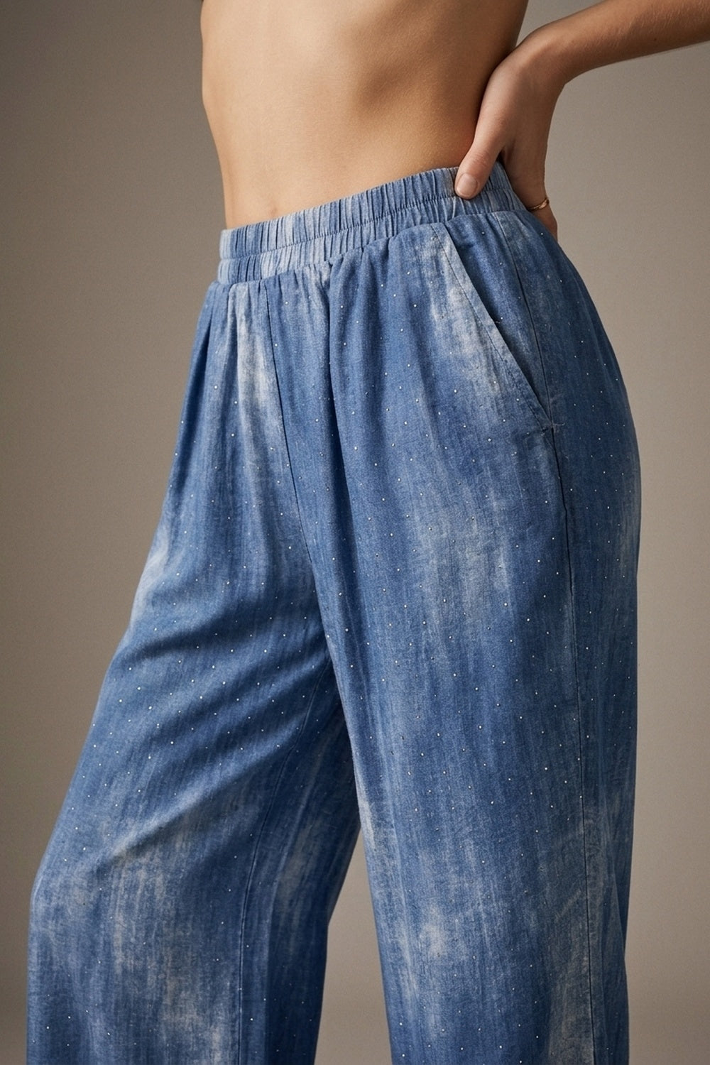 Blue Tie-Dye chiffon Elastic Waist Pants with embellished strass