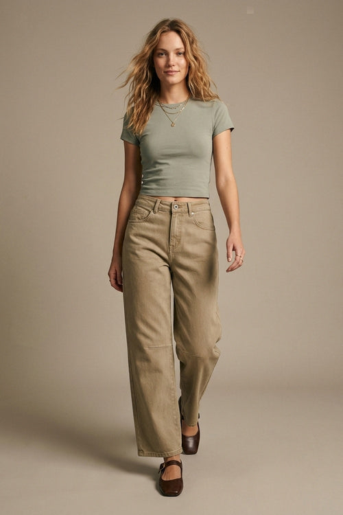 Beige Soft Stretch Denim Wide Leg Jeans with seam at the knee