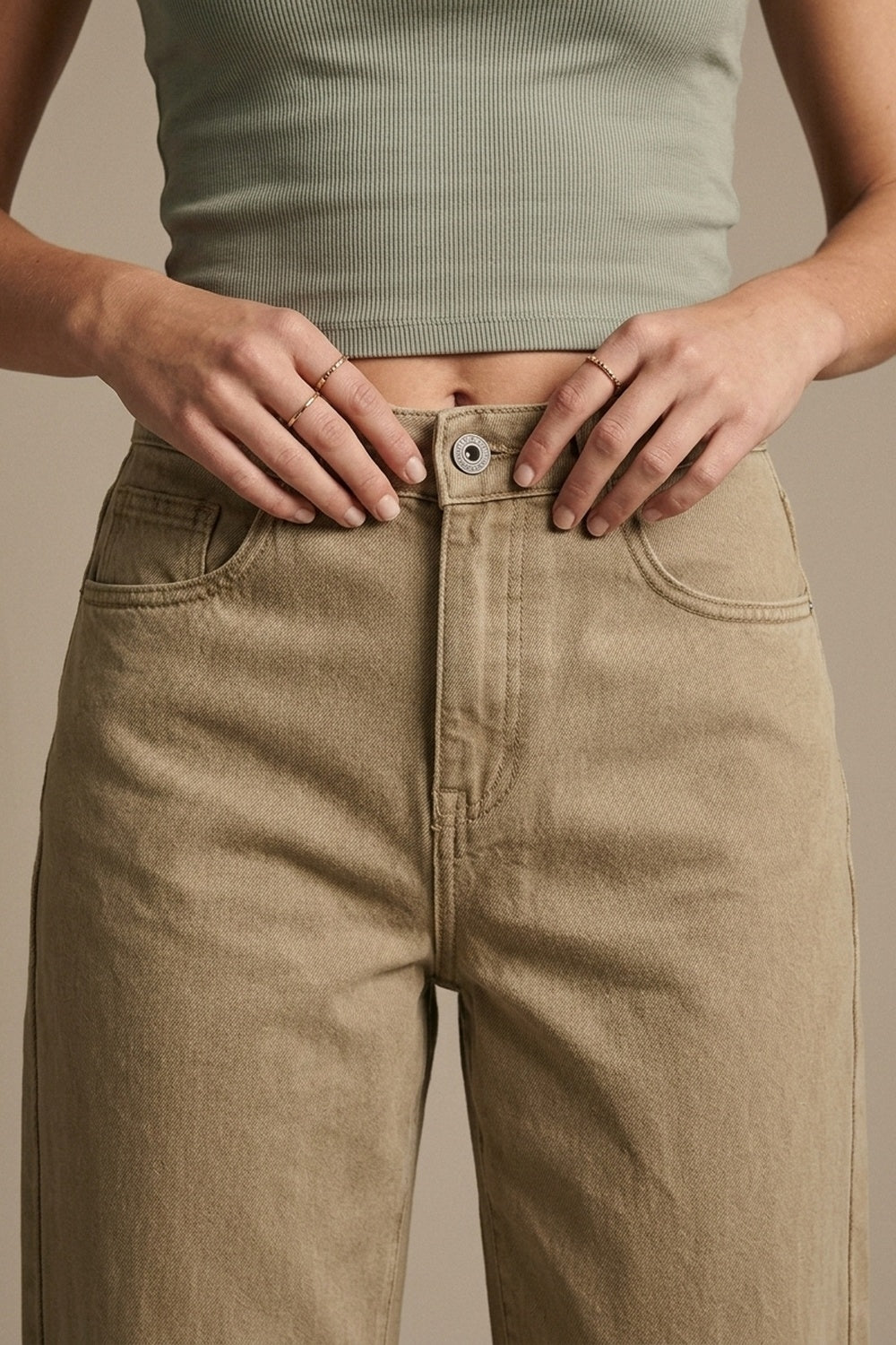 Beige Soft Stretch Denim Wide Leg Jeans with seam at the knee