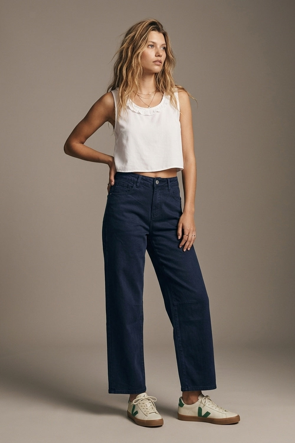 Navy soft stretch Denim Wide Leg Jeans with seam at the knee