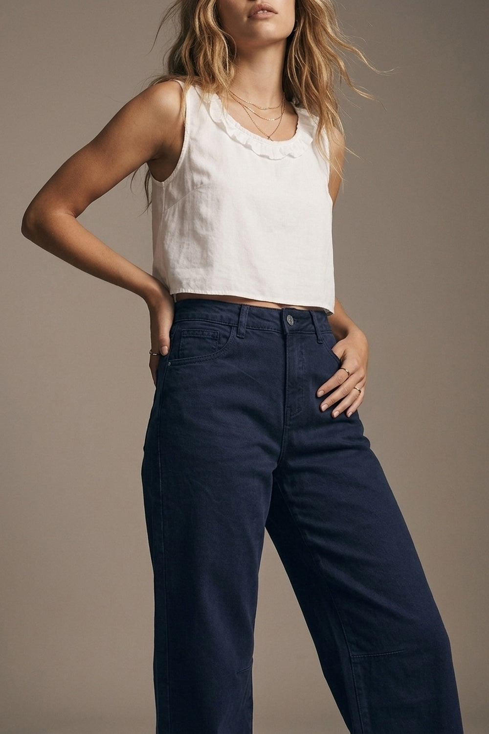 Navy soft stretch Denim Wide Leg Jeans with seam at the knee