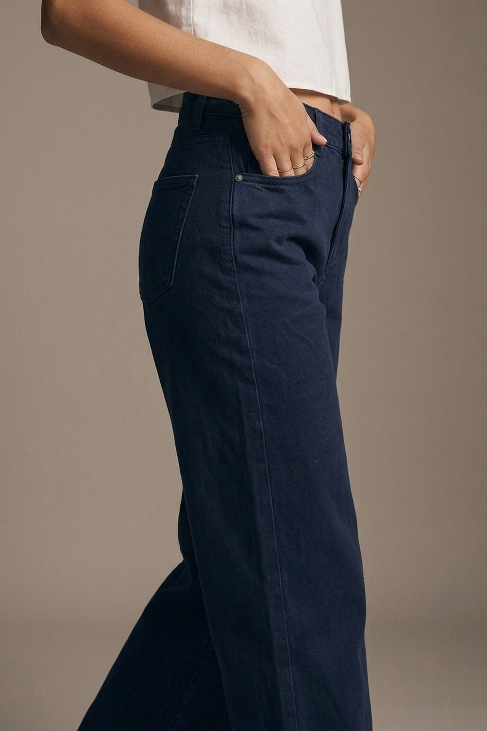 Navy soft stretch Denim Wide Leg Jeans with seam at the knee