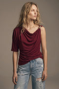 Burgundy Stretch Jersey Metal Accent Draped One-Shoulder Top