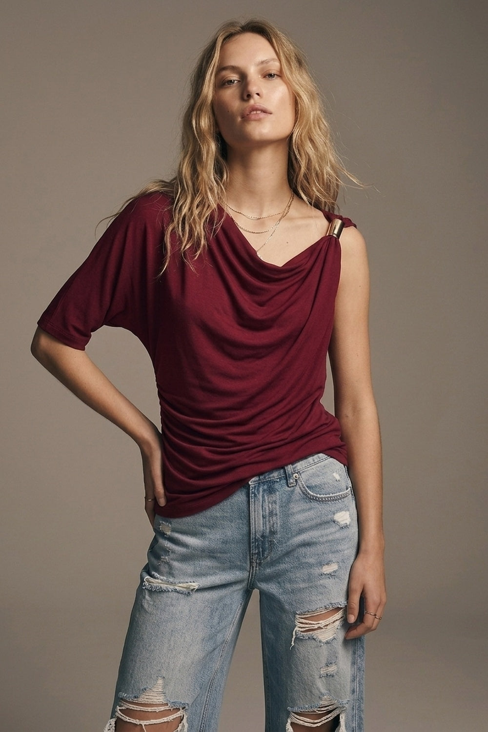 Burgundy Stretch Jersey Metal Accent Draped One-Shoulder Top