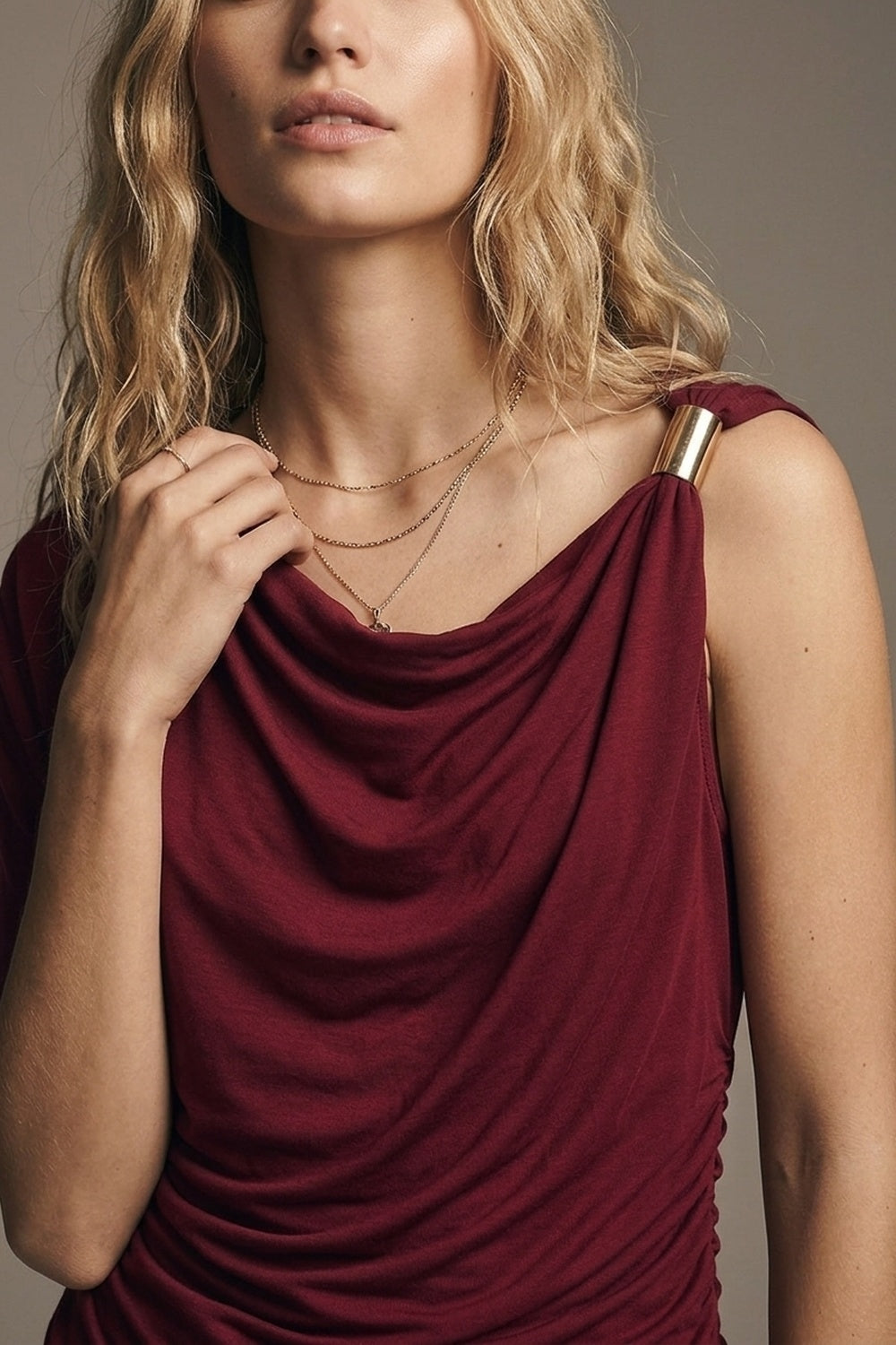 Burgundy Stretch Jersey Metal Accent Draped One-Shoulder Top