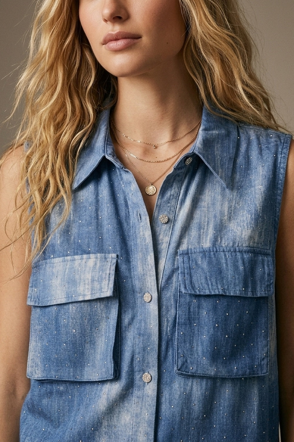 Blue Tie-Dye Sleeveless Shirt with embellished Rhinestone