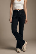 Black Studded Flare Jeans With Front Pocket Detail