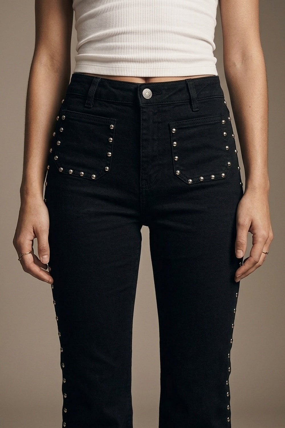 Black Studded Flare Jeans With Front Pocket Detail