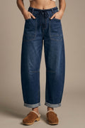 Dark wash Drawstring Waist jeans with Rolled Cuff and Wide Leg