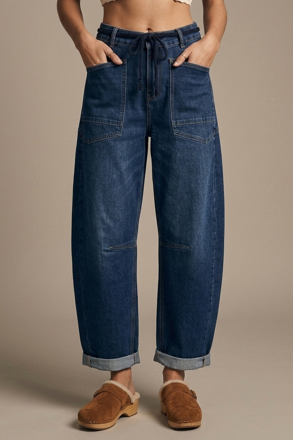Dark wash Drawstring Waist jeans with Rolled Cuff and Wide Leg