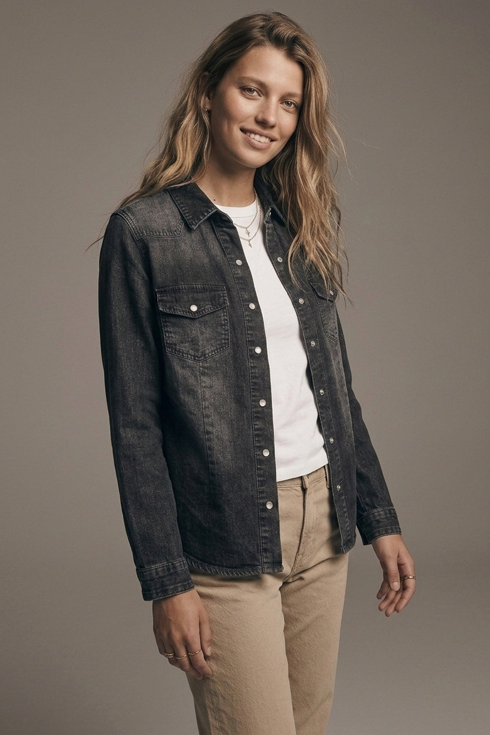 Black Denim Button-Up Shirt in vintage wash