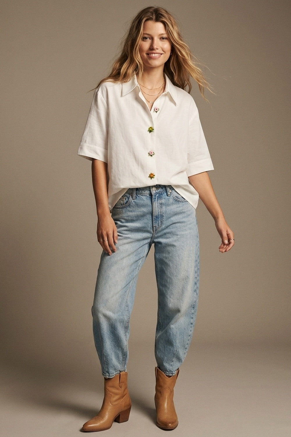 White Tencel Shirt with Jewel Flower Buttons