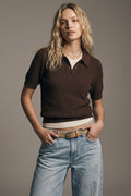 Textured Knit Polo Sweater with Short Sleeves in Brown