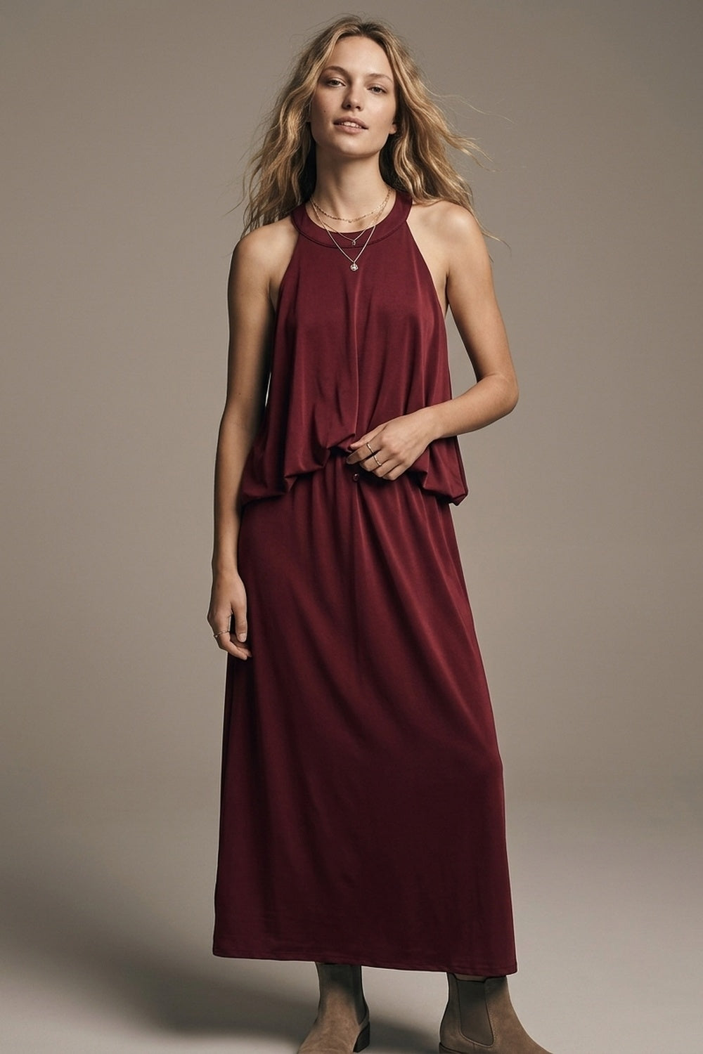 soft stretch fabric Halter Neck Maxi Dress in Burgundy