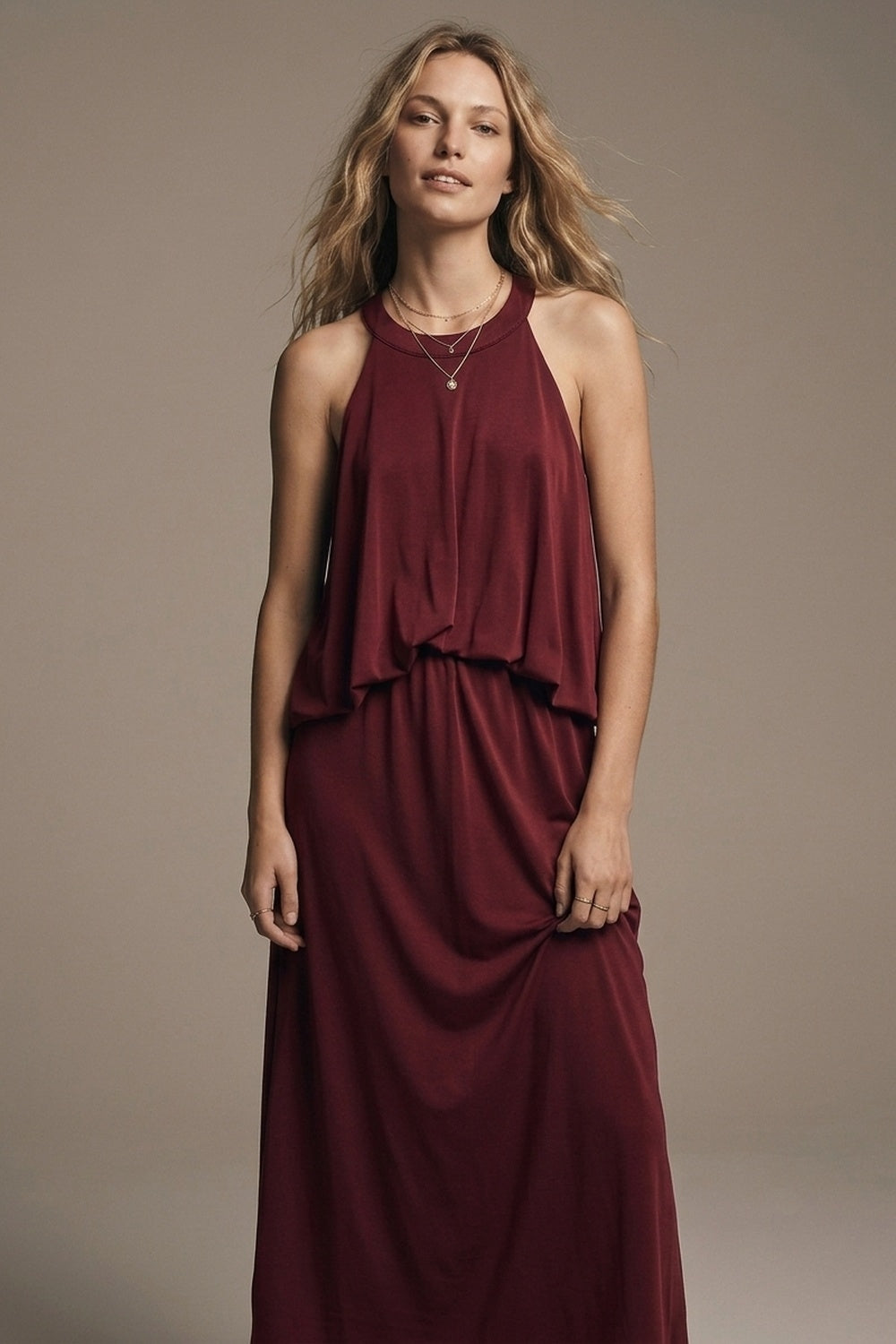soft stretch fabric Halter Neck Maxi Dress in Burgundy