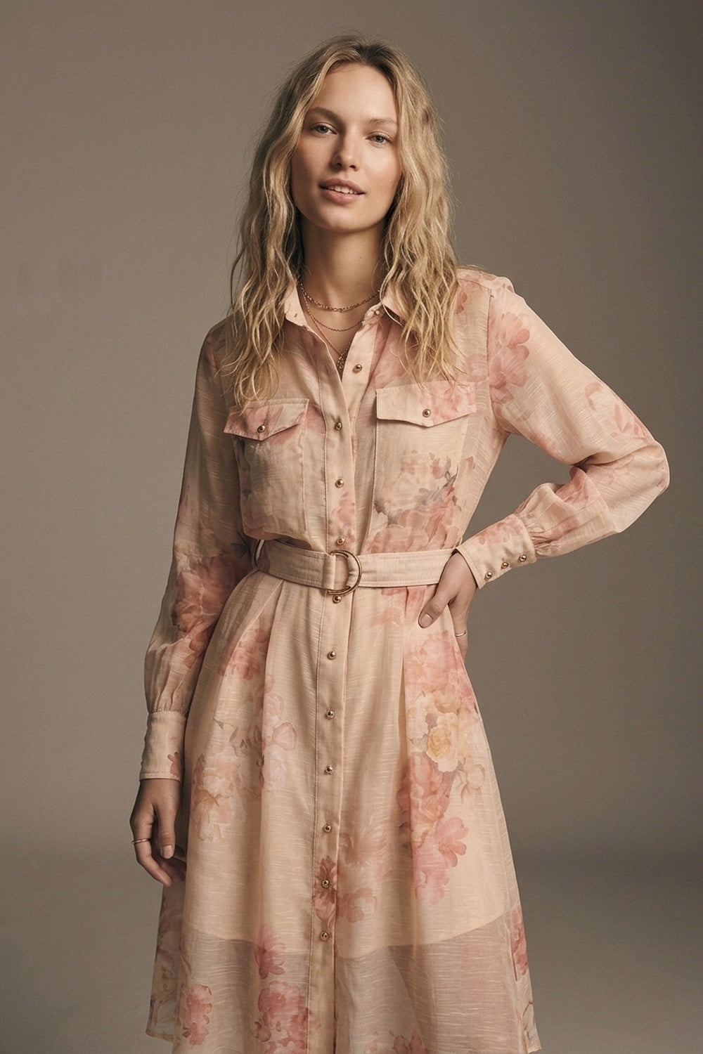 Beige Floral Print Chiffon Belted Midi Shirt Dress with Gold Buttons