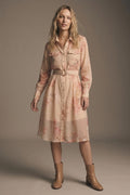Beige Floral Print Chiffon Belted Midi Shirt Dress with Gold Buttons