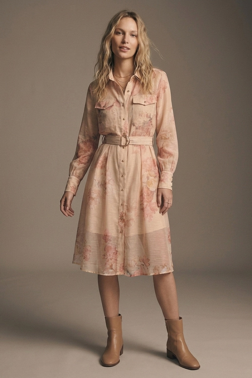 Beige Floral Print Chiffon Belted Midi Shirt Dress with Gold Buttons