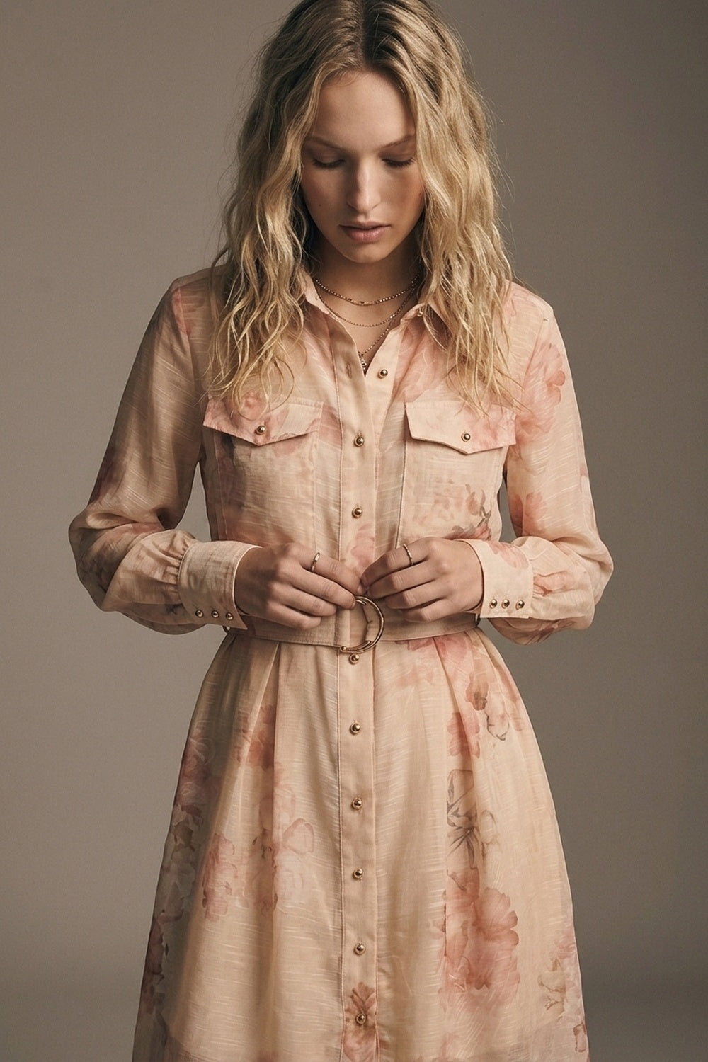 Beige Floral Print Chiffon Belted Midi Shirt Dress with Gold Buttons
