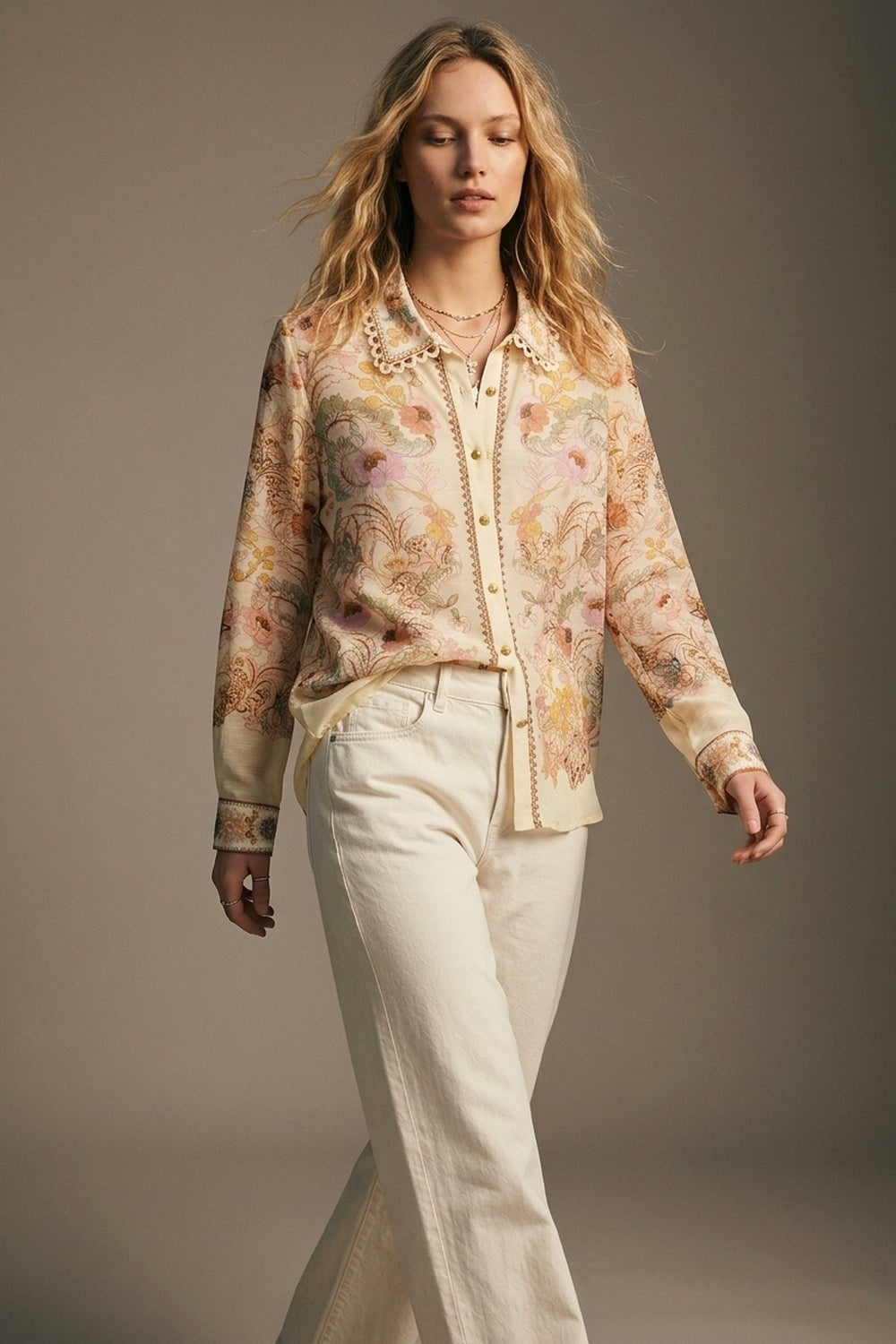 Butter yellow Floral Print shirt with Lace Trim detail