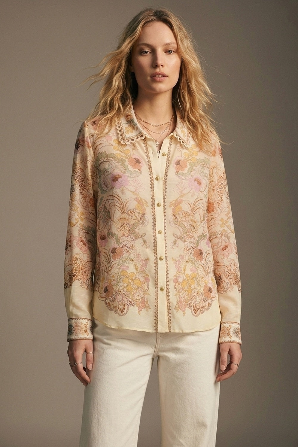 Butter yellow Floral Print shirt with Lace Trim detail