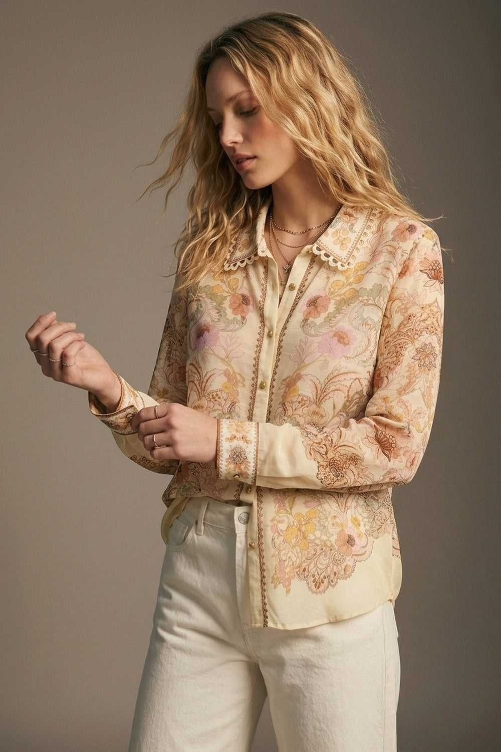 Butter yellow Floral Print shirt with Lace Trim detail