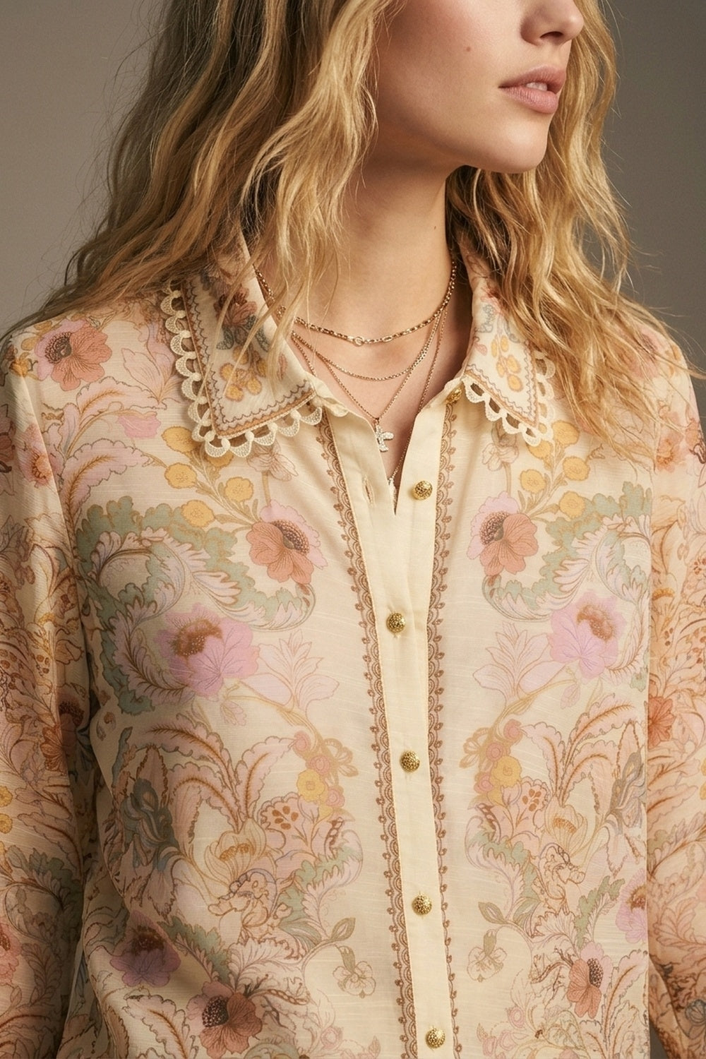 Butter yellow Floral Print shirt with Lace Trim detail
