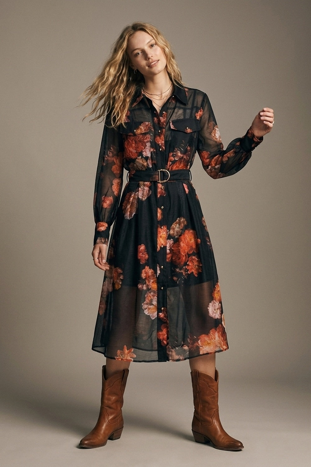 Black Floral Print Sheer Belted Midi Shirt Dress Long Sleeves
