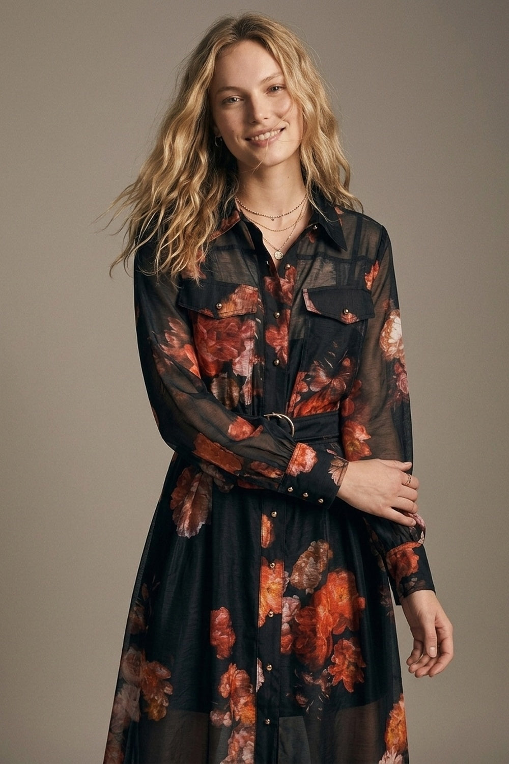 Black Floral Print Sheer Belted Midi Shirt Dress Long Sleeves