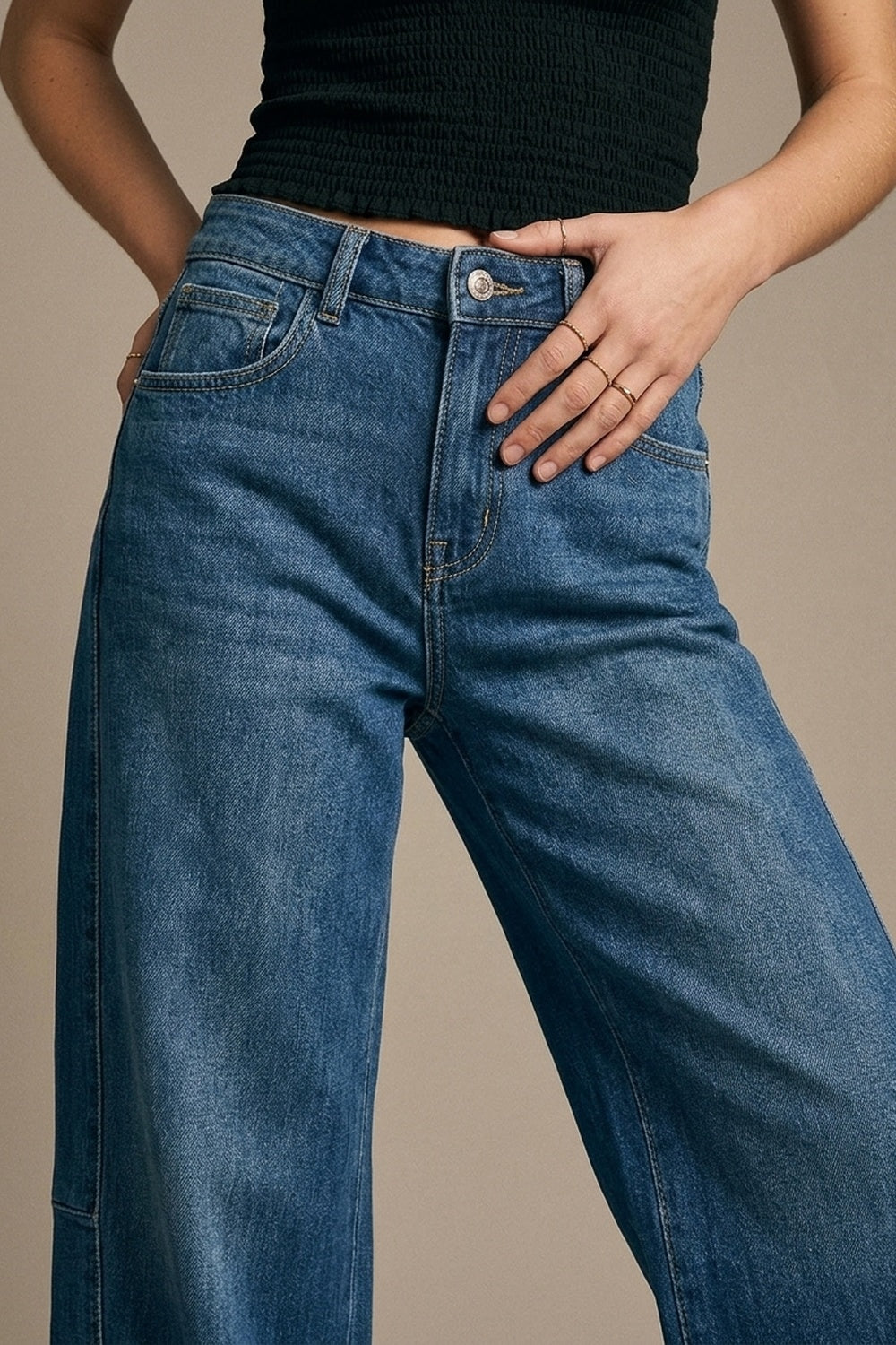 Barrel Style Denim Jeans in Medium Wash with Cuffed Hem