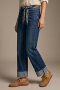 Straight Jeans with Folded Hem in Mid Blue Wash