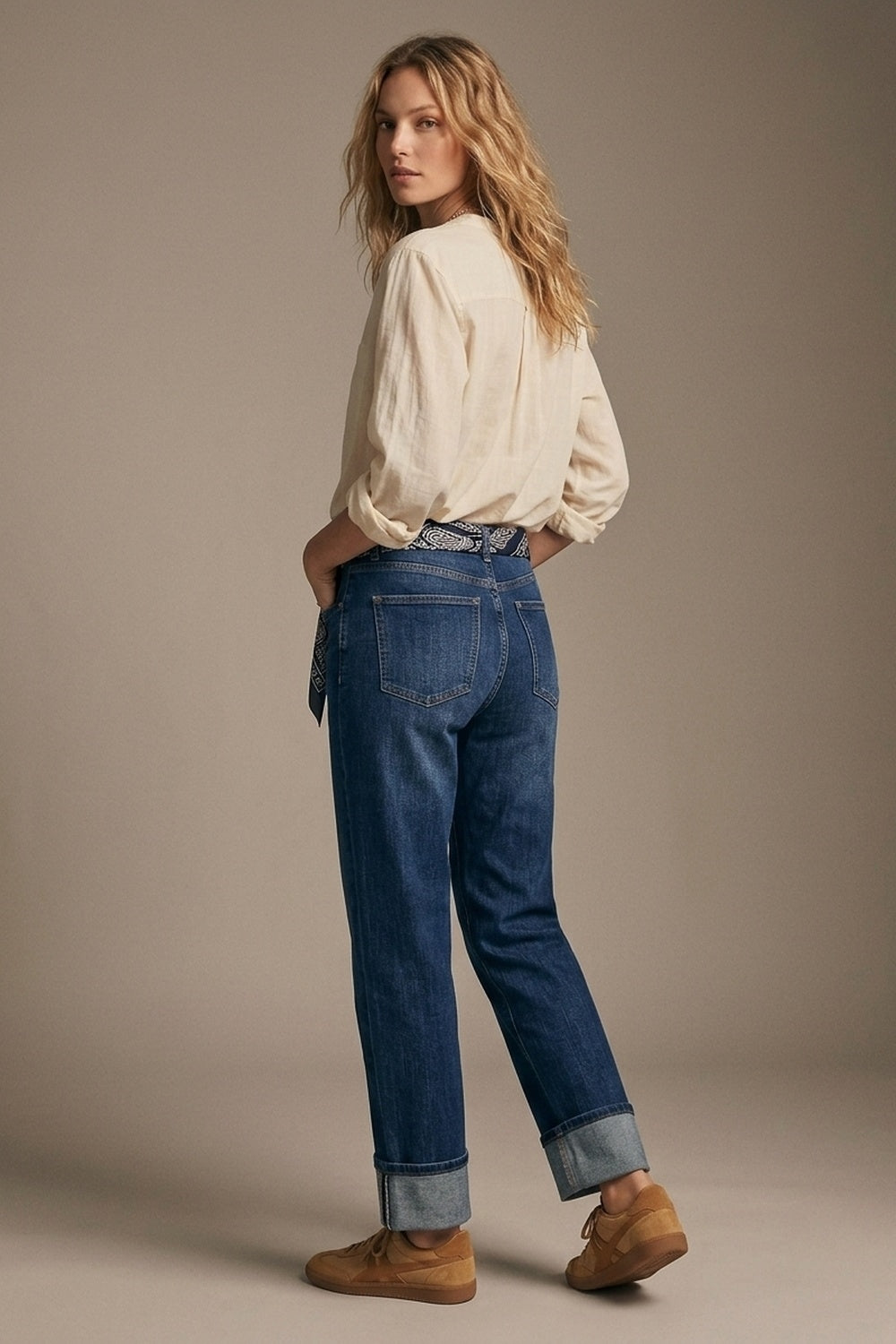 Straight Jeans with Folded Hem in Mid Blue Wash
