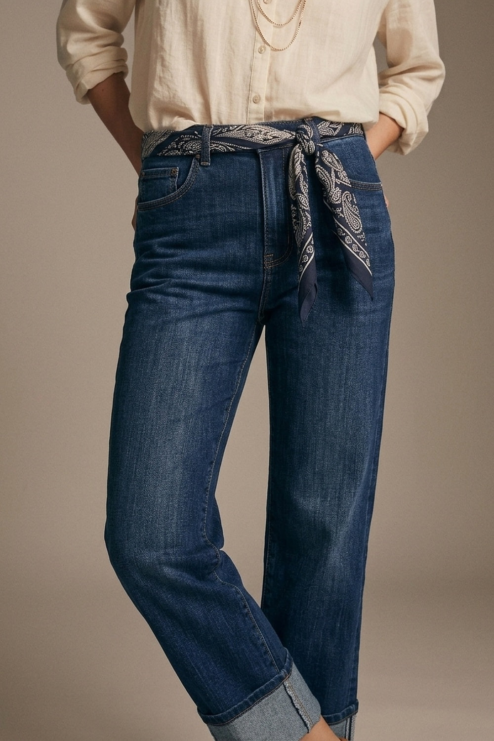 Straight Jeans with Folded Hem in Mid Blue Wash