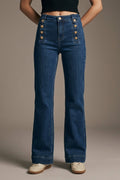 Marine Flare Jeans With Button Detailing in Mid wash