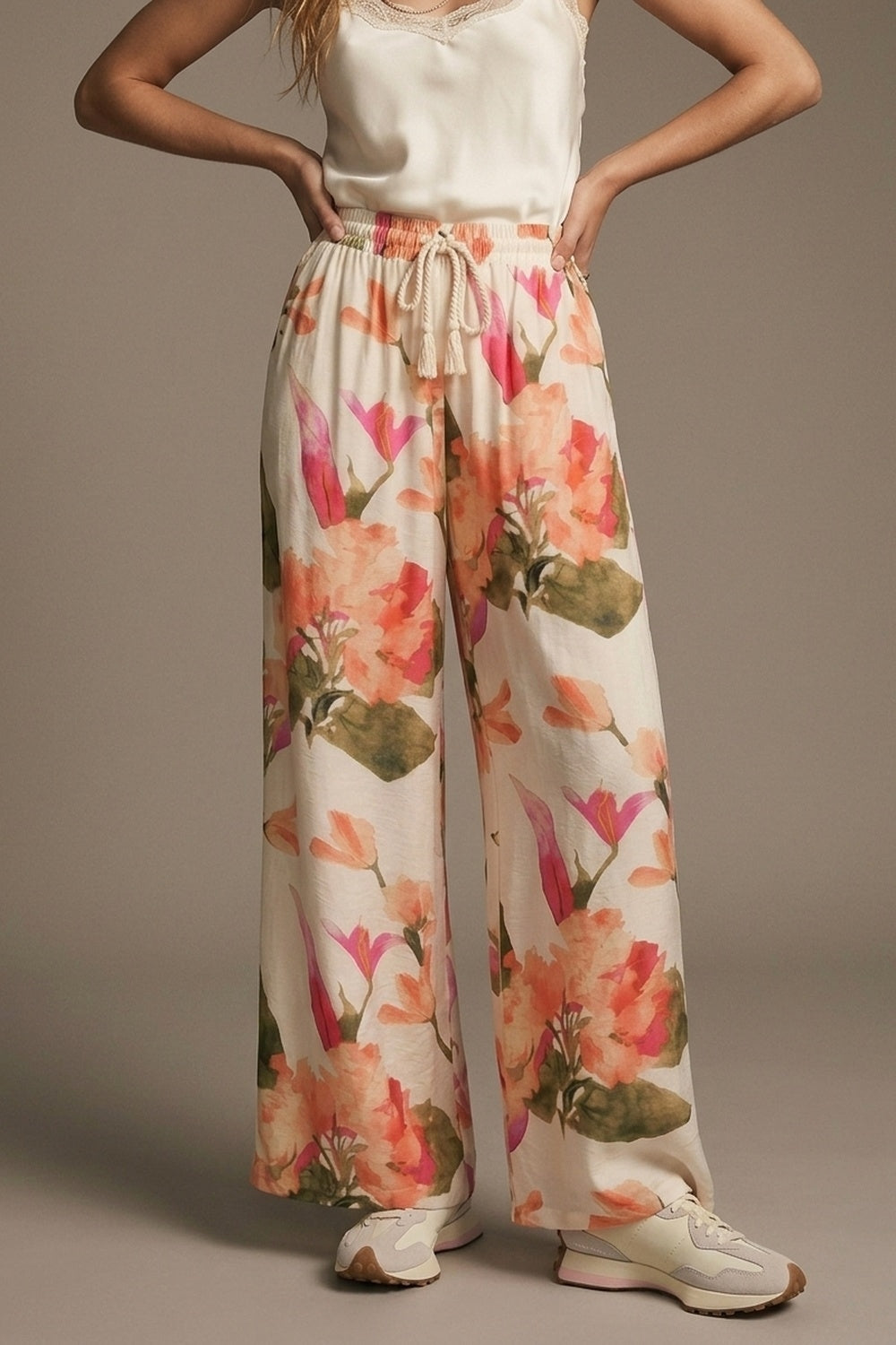 Cream Floral Print wide leg Pants with Elastic Waist