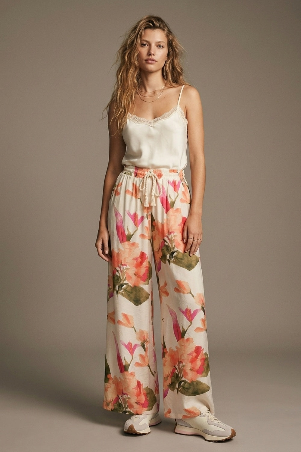 Cream Floral Print wide leg Pants with Elastic Waist