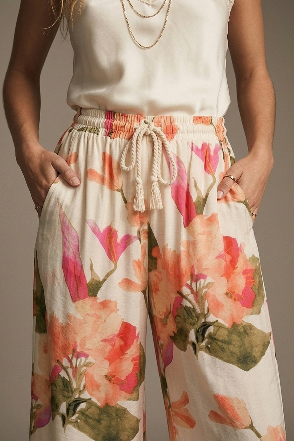 Cream Floral Print wide leg Pants with Elastic Waist
