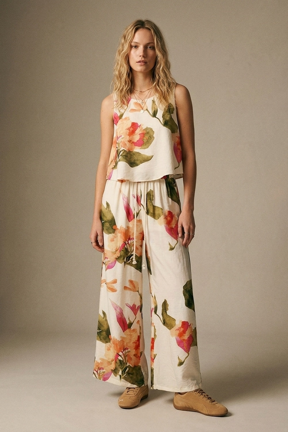 Cream Floral Print wide leg Pants with Elastic Waist