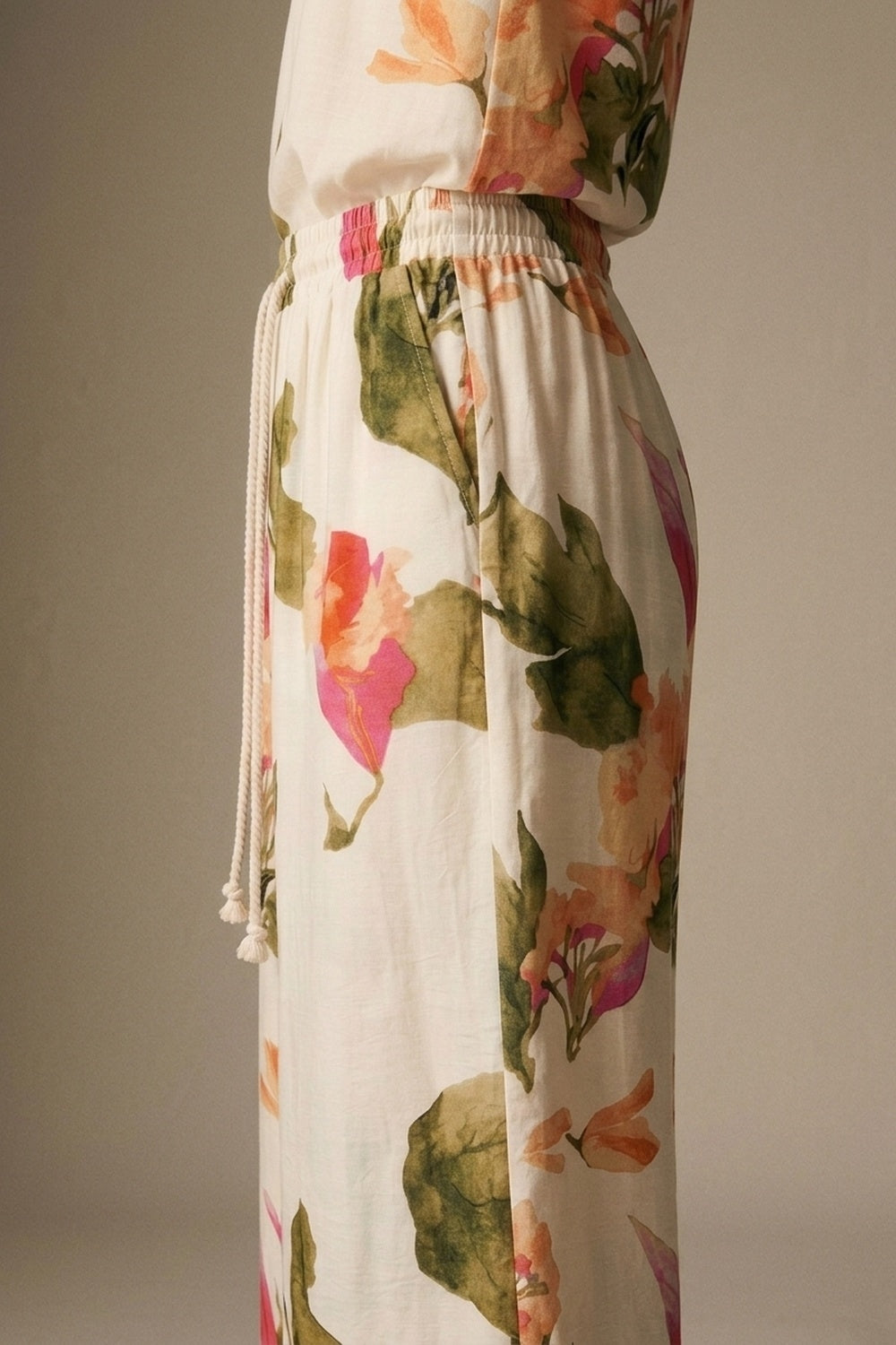 Cream Floral Print wide leg Pants with Elastic Waist