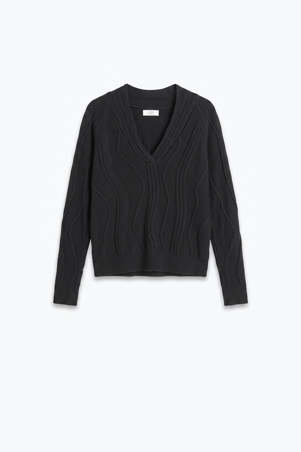 Textured Wave-Knit V-Neck Sweater in black
