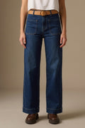 Dark wash jeans with wide leg and pockets