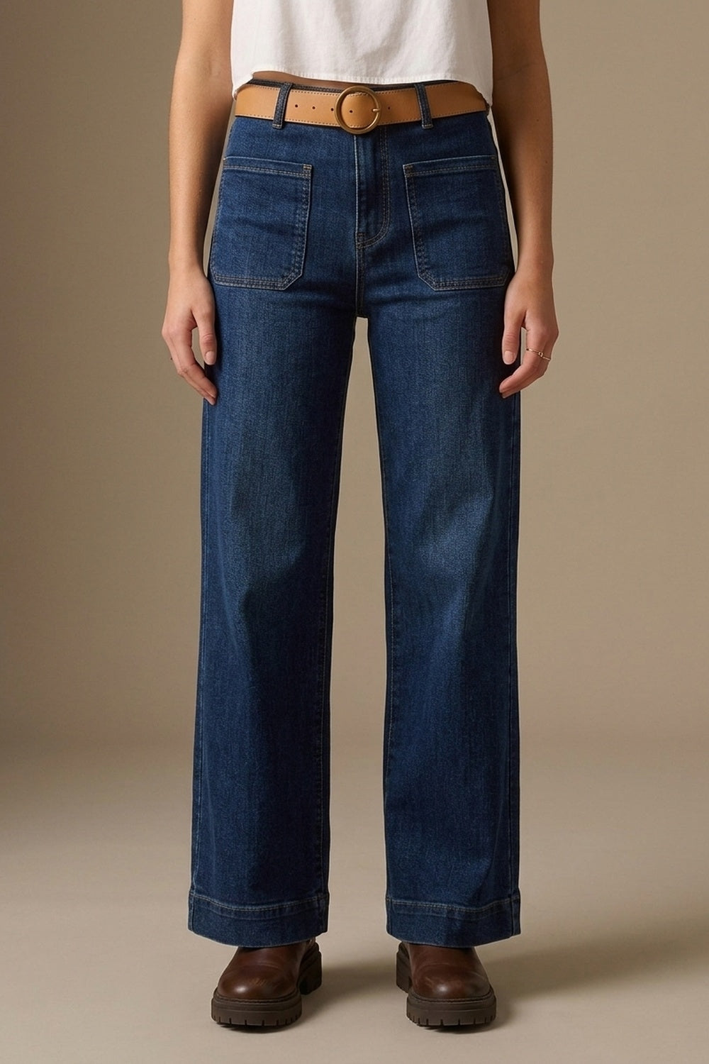 Dark wash jeans with wide leg and pockets