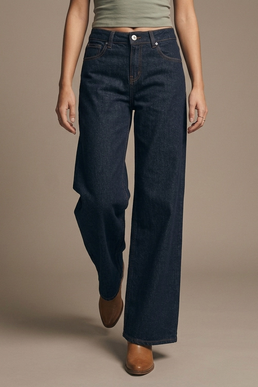 Dark Wash Wide Leg Jeans With Contrasting Stitching