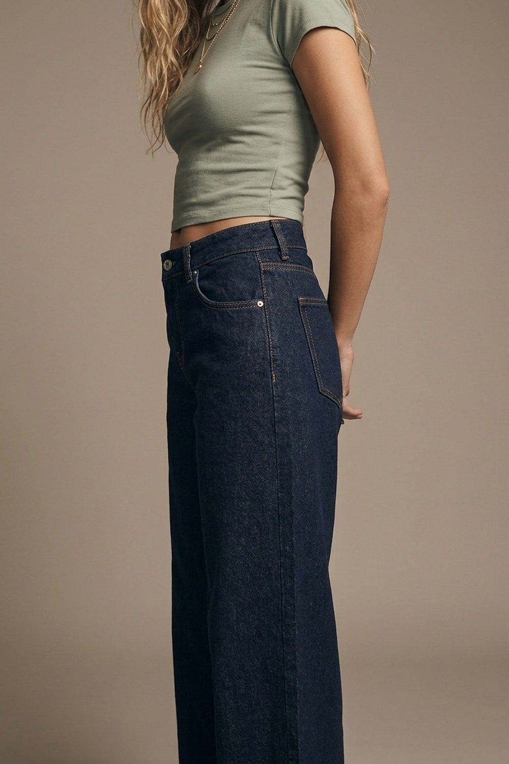 Dark Wash Wide Leg Jeans With Contrasting Stitching