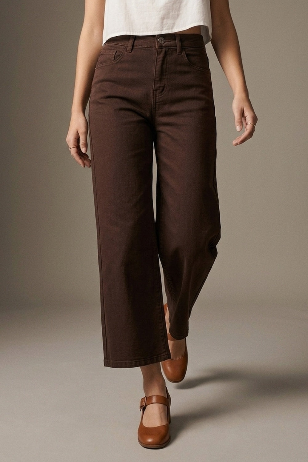 Wide Leg Cropped Jeans in Chocolate Brown
