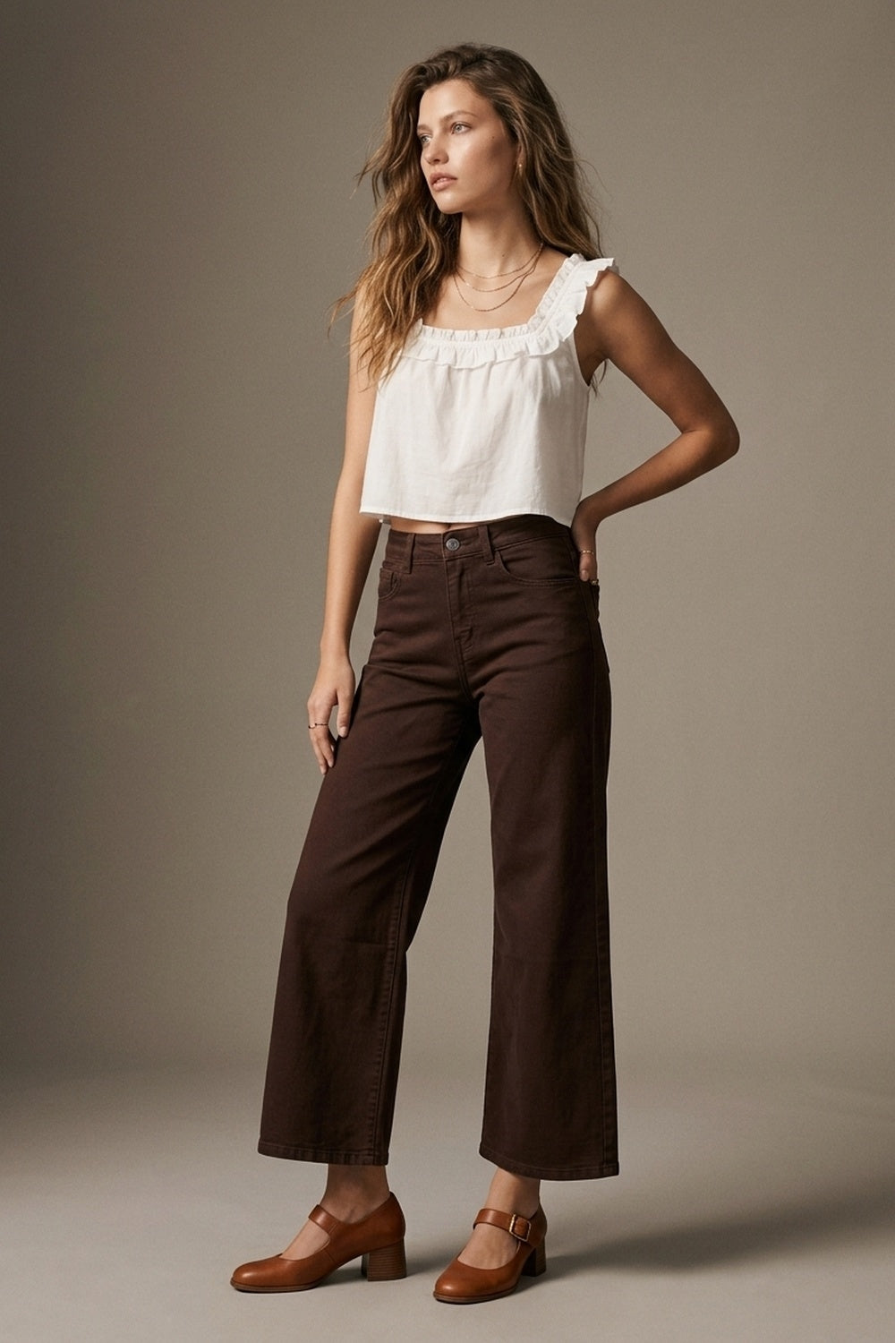 Wide Leg Cropped Jeans in Chocolate Brown