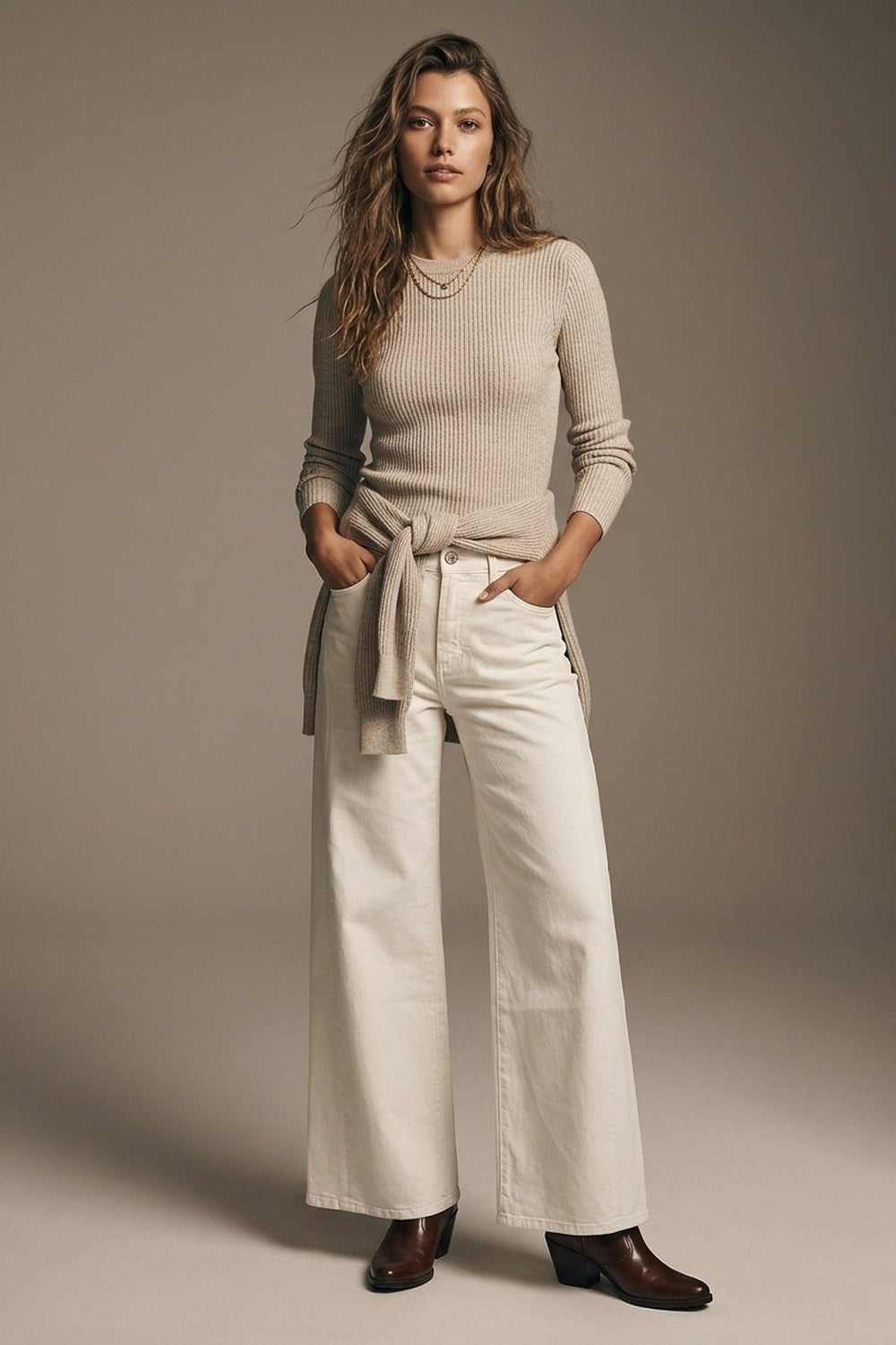 Extra wide leg trousers in cream color