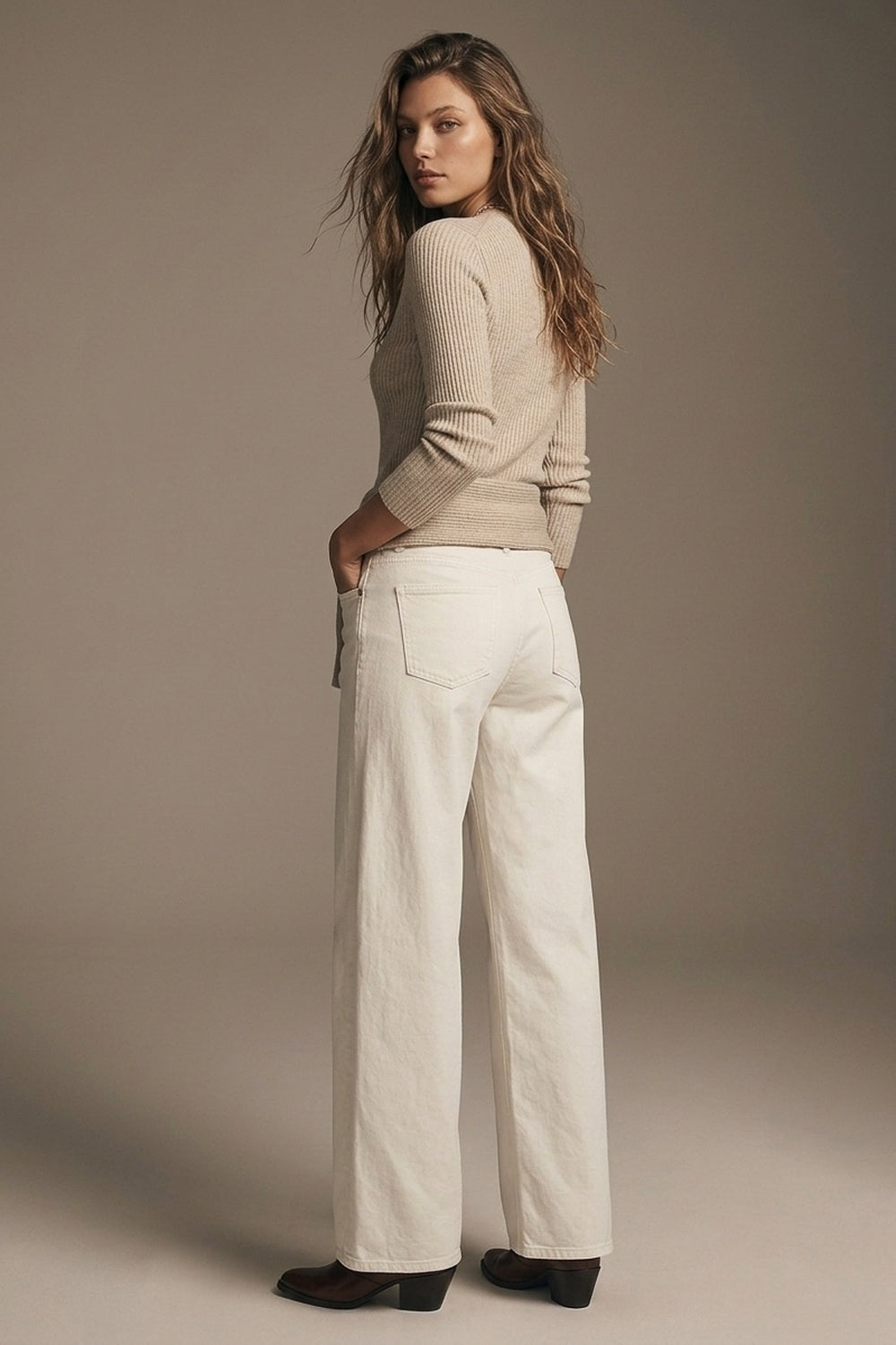 Extra wide leg trousers in cream color