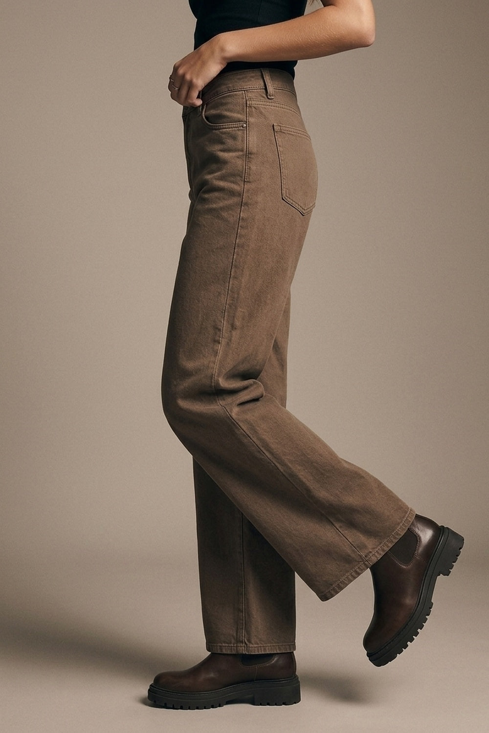 Brown Wide-Leg Casual Cotton Denim Pants